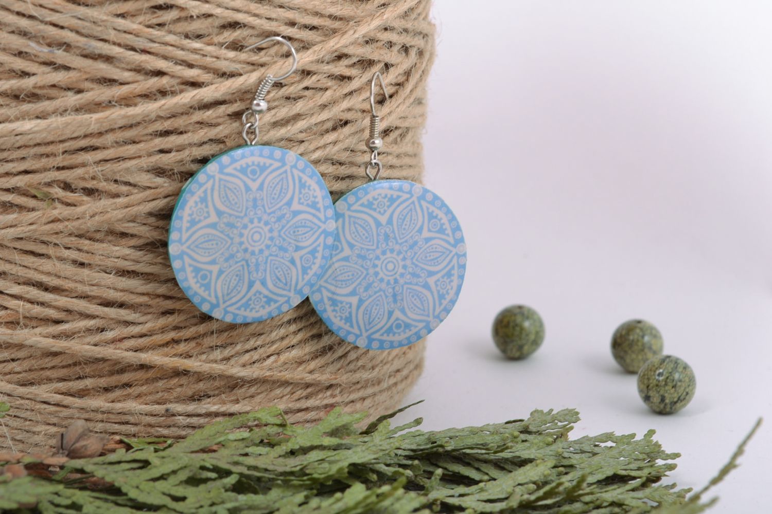 Blue round polymer clay earrings photo 1