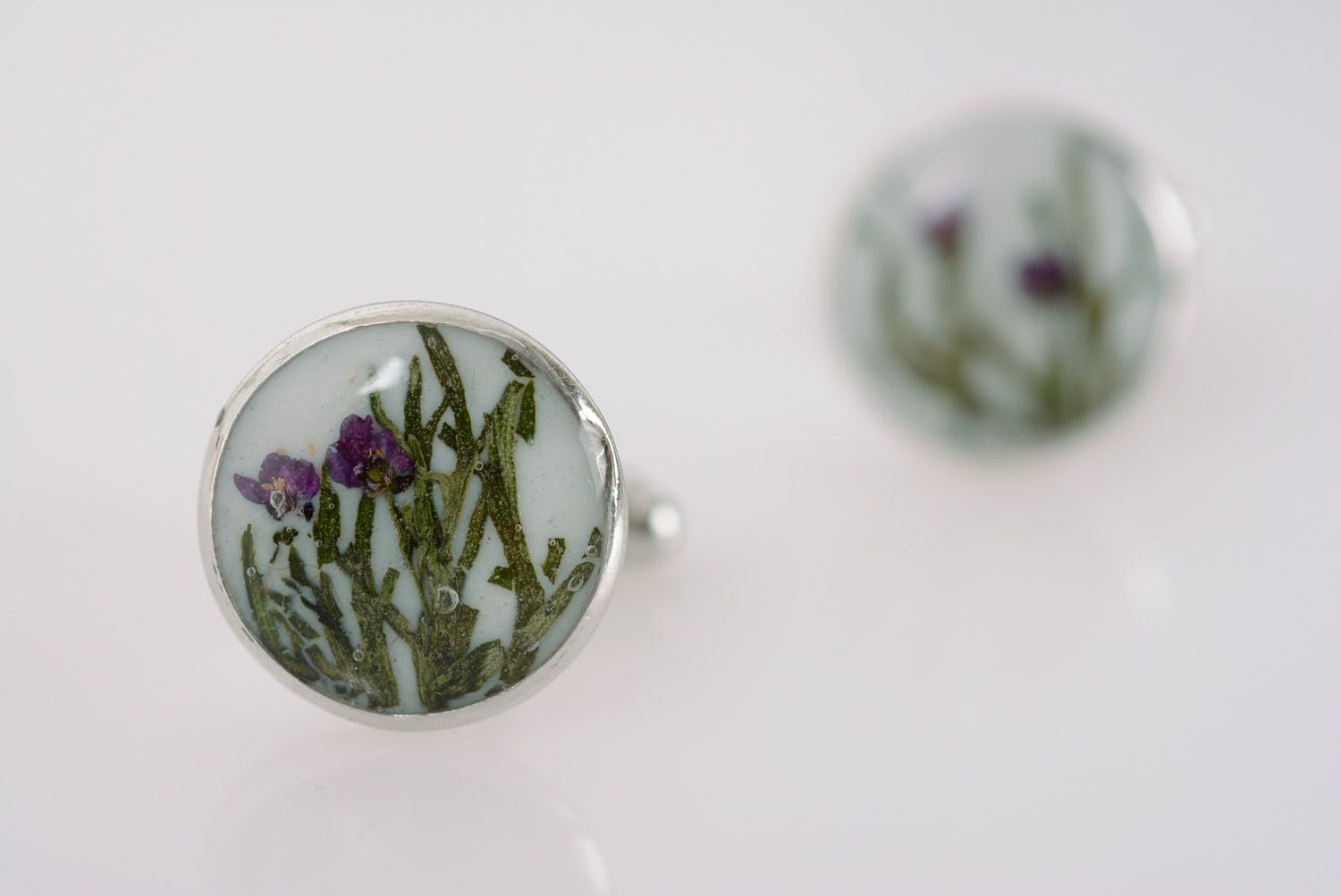 Handmade cufflinks with dried flowers coated with epoxy and with metal fittings photo 2