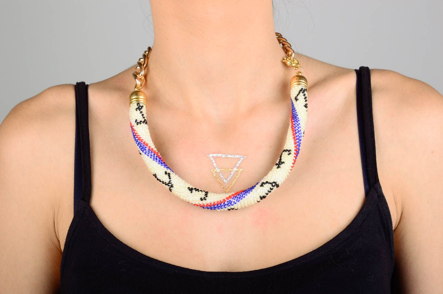 Handmade massive necklace beaded metal jewelry accessory for stylish women photo 2