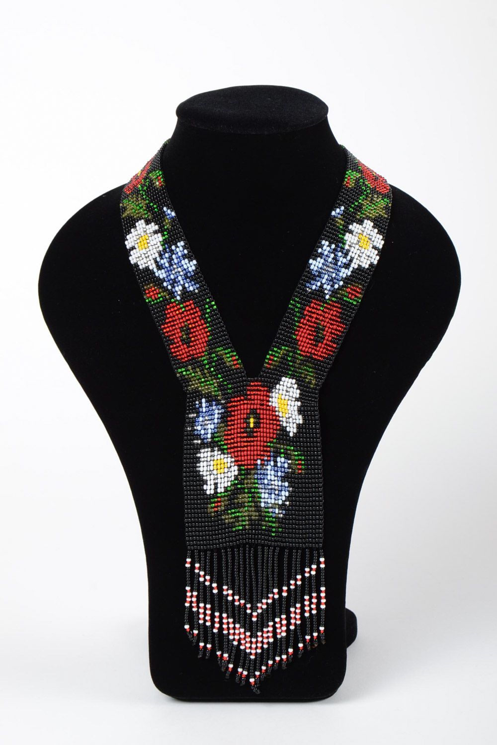 Long collier en perles de rocaille noir à motif floral fait main pour femme photo 1