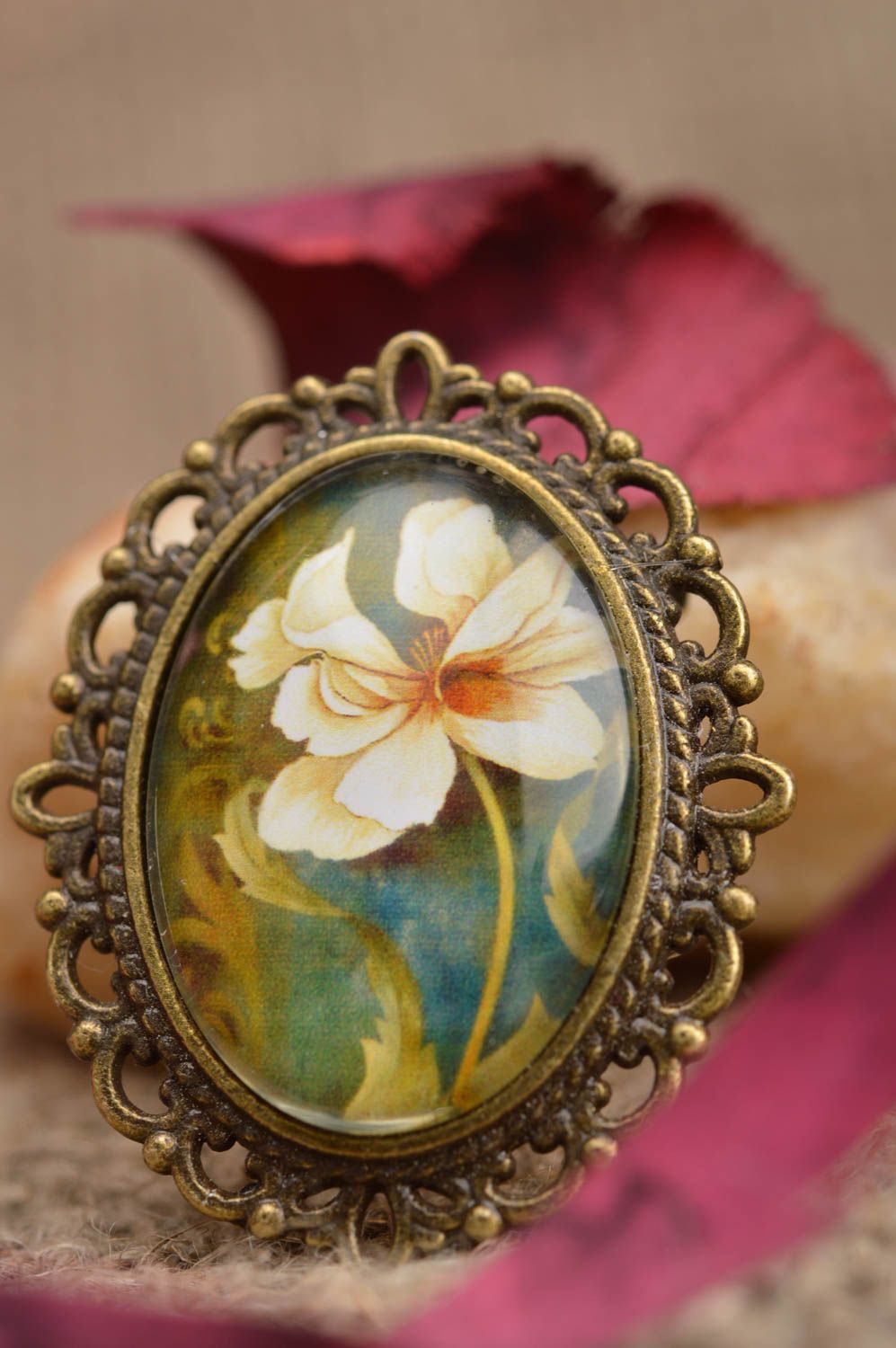 Beautiful stylish handmade designer metal brooch with cabochon Water Lily photo 1