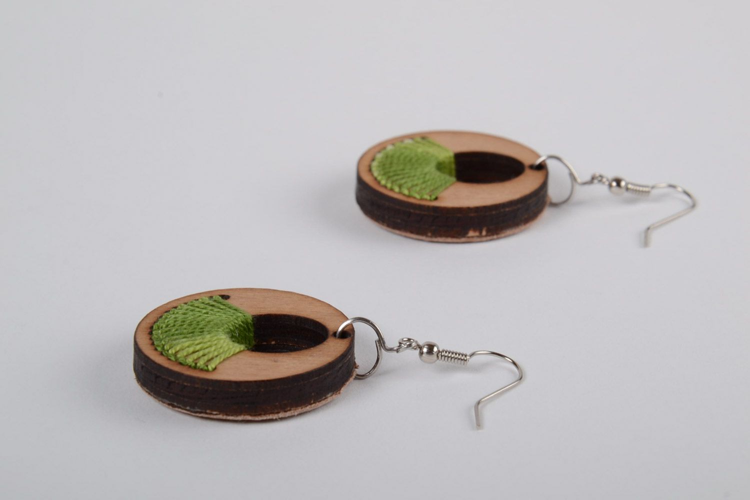 Handmade round shaped plywood earrings with green embroidery  photo 2