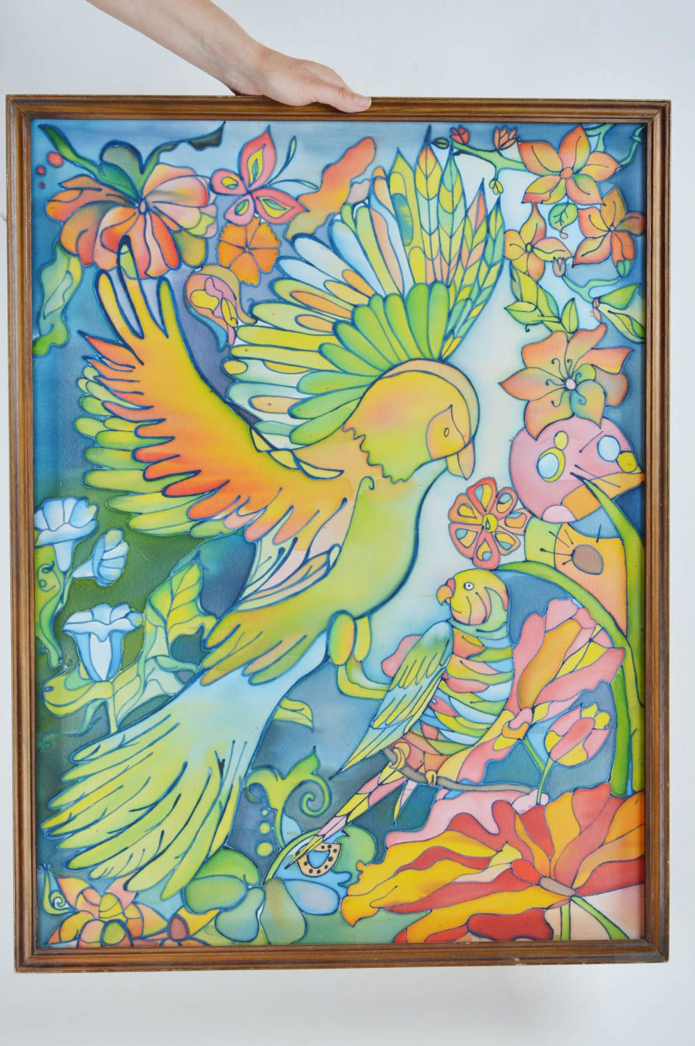 Handgemachtes Stoff Wandbild in Batik Technik bunte Papageien in Holzrahmen foto 3