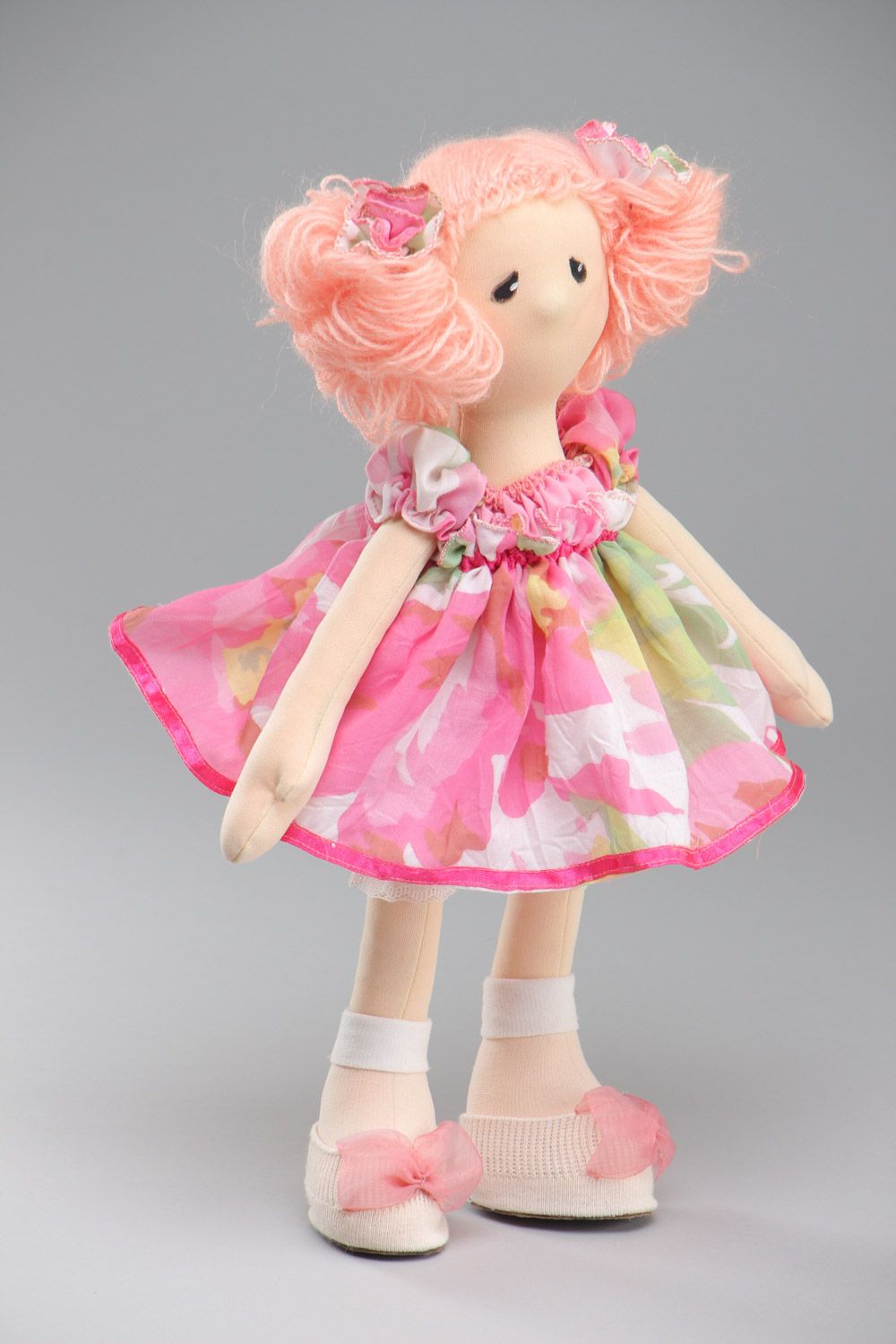 Handmade fabric soft doll of average size in pink dress  photo 2