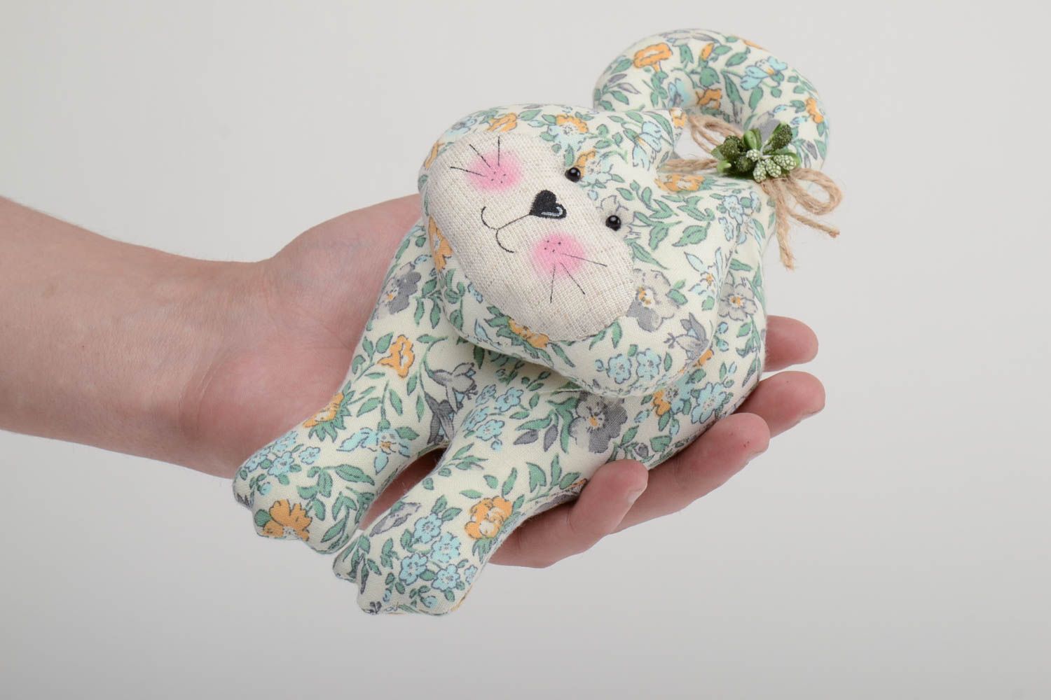 Handmade cotton fabric soft toy cat with curled tail for door decor photo 5