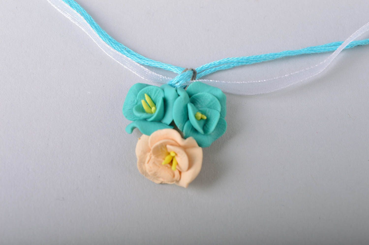 Blue jewelry set made of cold porcelain earrings and pendant with flowers  photo 3