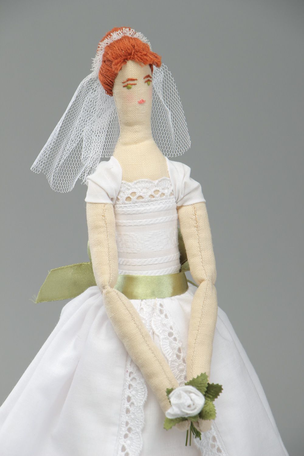 Beautiful handmade decorative fabric doll in wedding dress photo 2