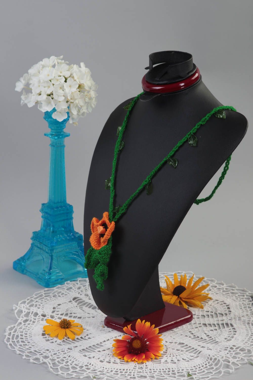 Green long pendant crocheted flower pendant stylish accessory cute present photo 1