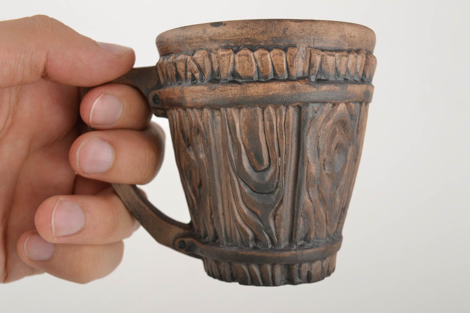 8 oz clay coffee cup not glazed with fake wood pattern and triangle handle photo 3