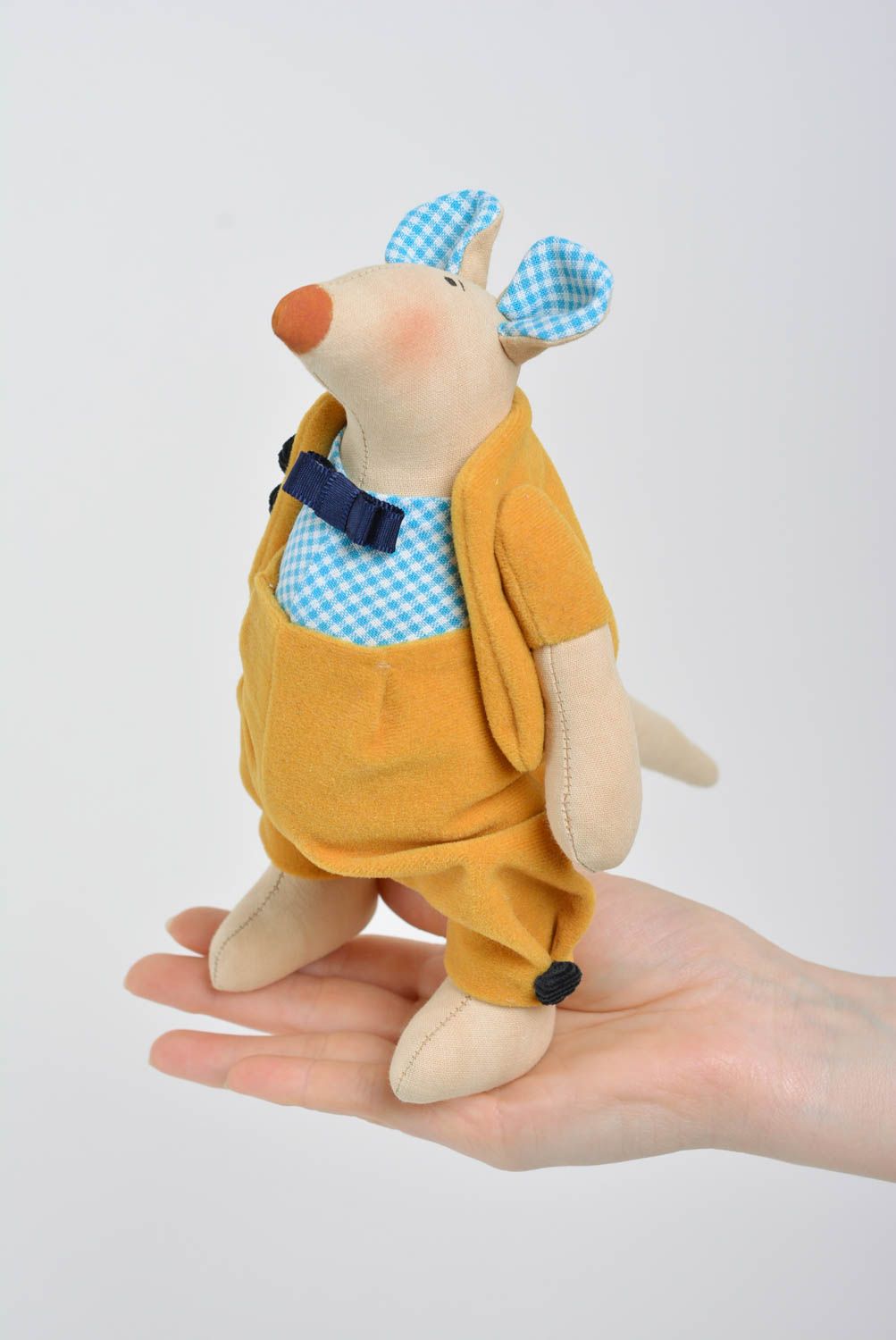 Bright handmade children's fabric soft toy Rat in yellow suit for kids and decor photo 4