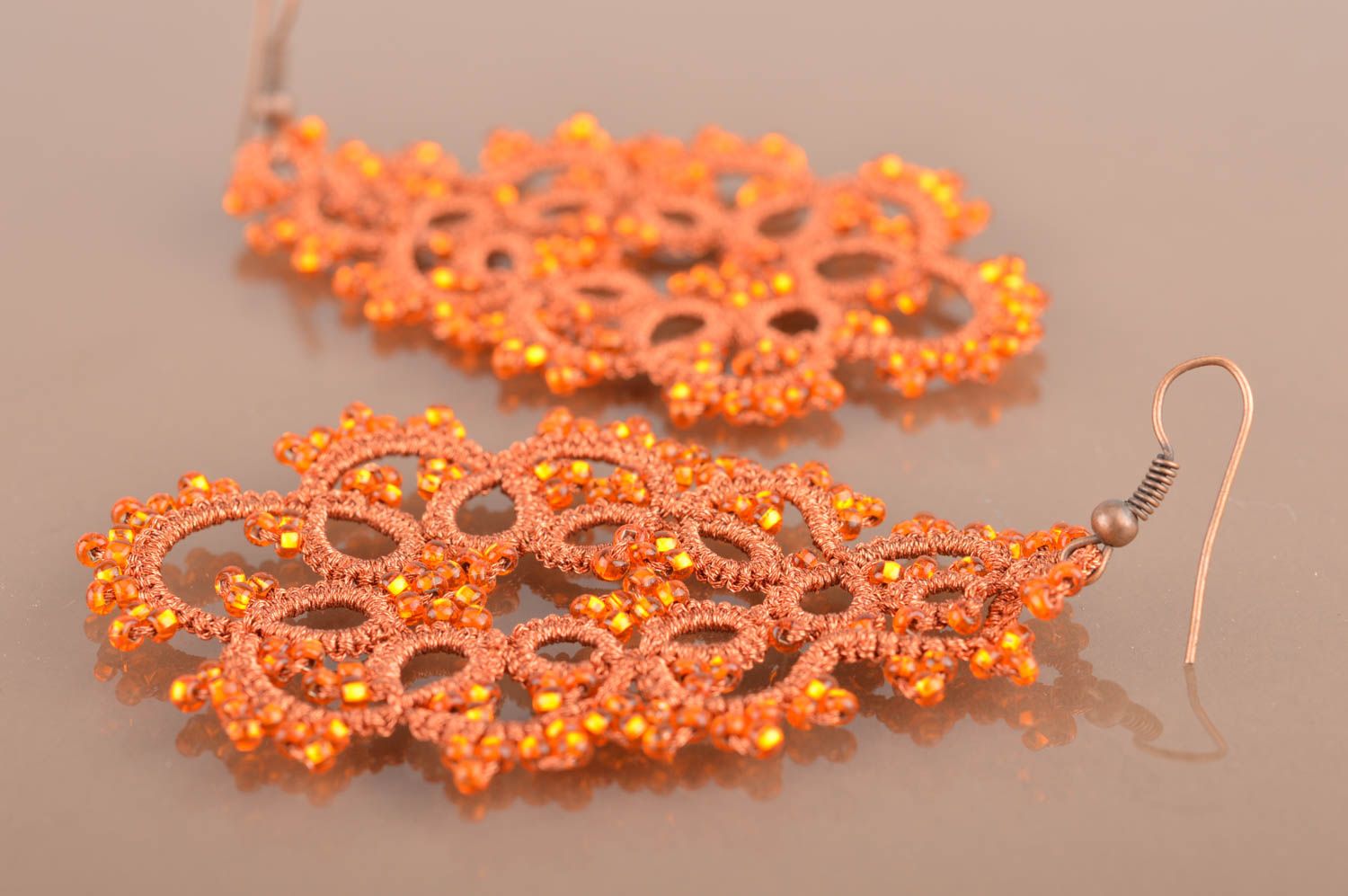 Large orange handmade designer tatted earrings with beads unusual jewelry photo 5