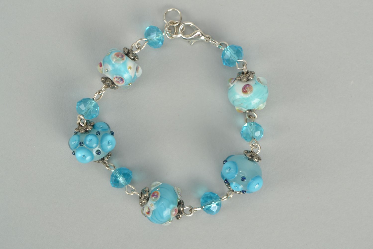 Bracelet with lampwork glass beads Blue Sky photo 1