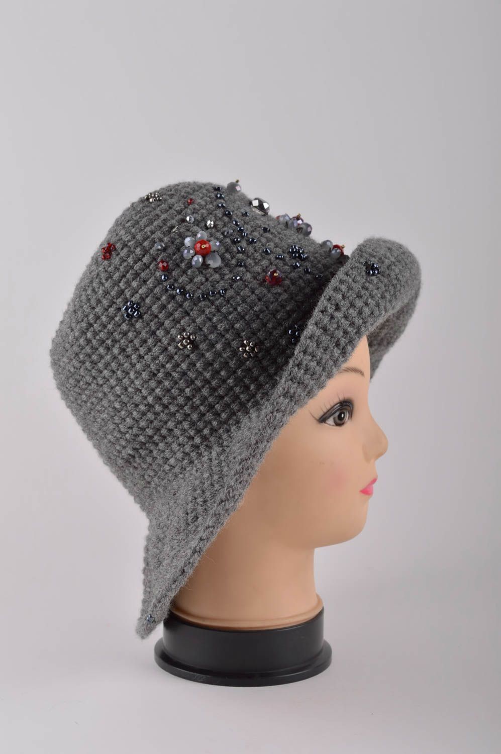 Модная шапка ручной работы шерстяная шляпа головной убор серый женский фото 4