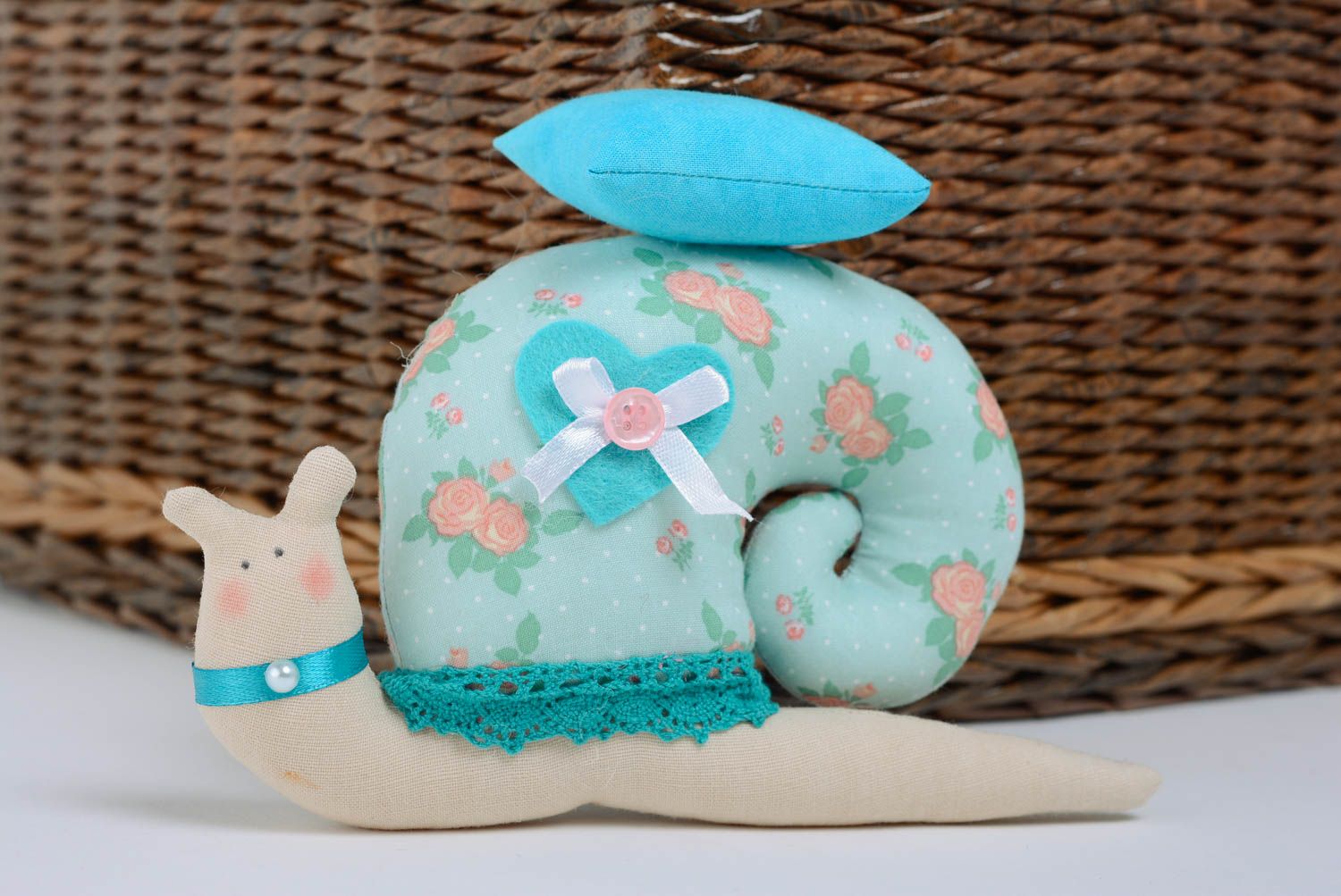 Fabric toy in the form of a blue snail beautiful handmade interior decor element photo 5
