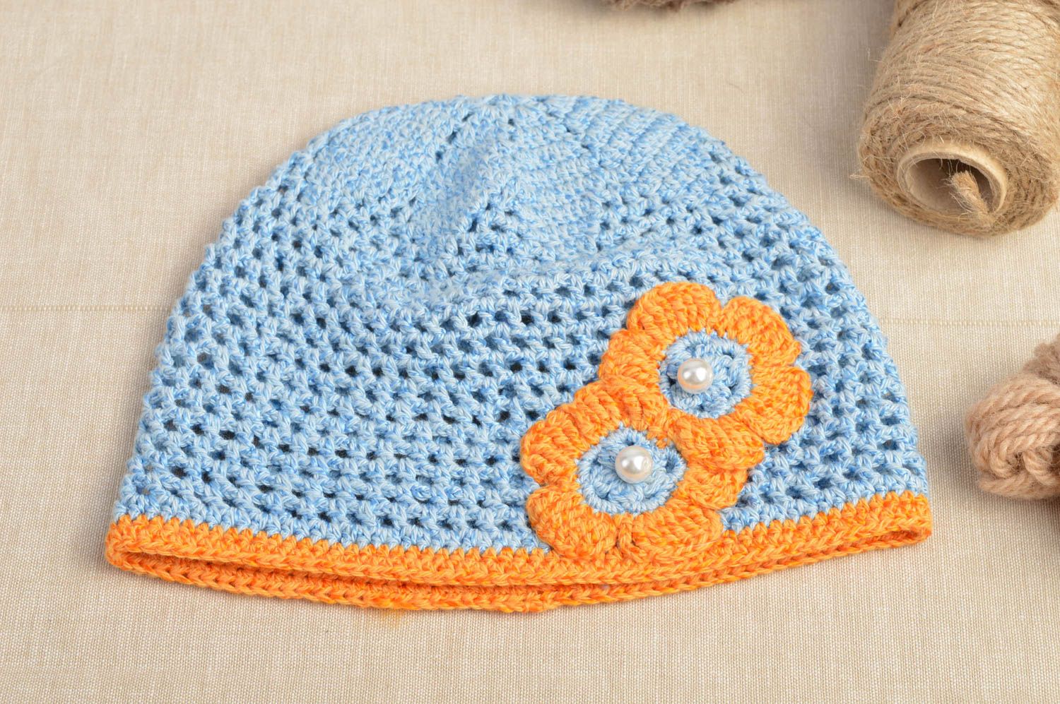 Bonnet tricot fait main Chapeau au crochet bleu acrylique coton  Vêtement fille photo 1