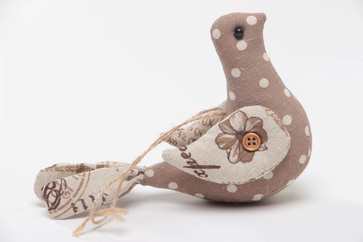 Oiseau en tissu à suspendre fait main gris à pois décoratif design original photo 2