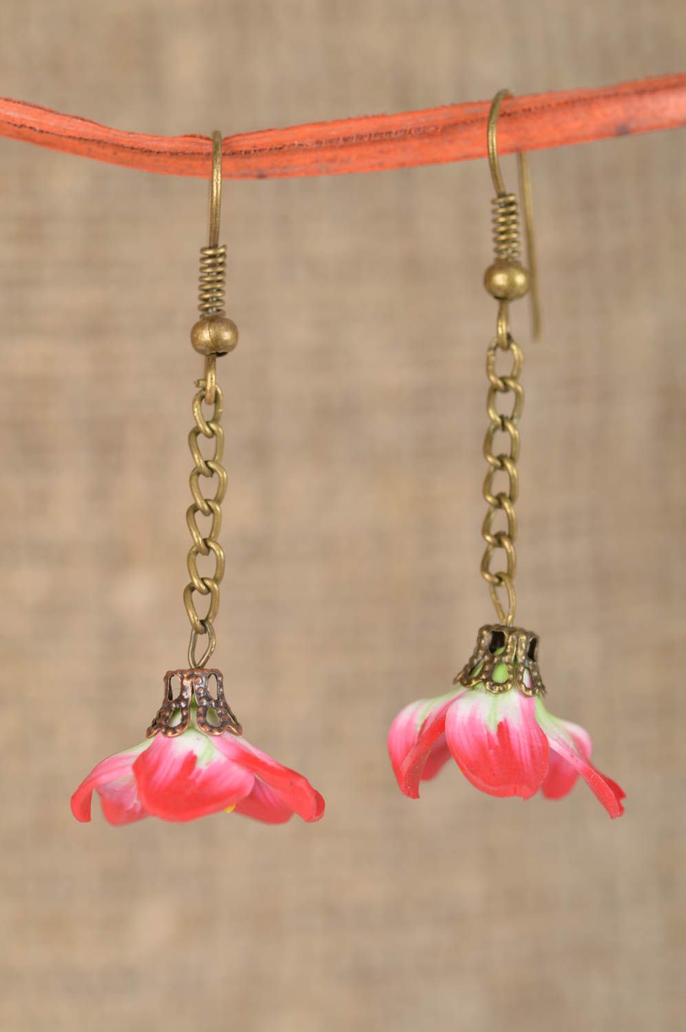 Polymer clay stylish handmade designer long earrings with red flower charms photo 1