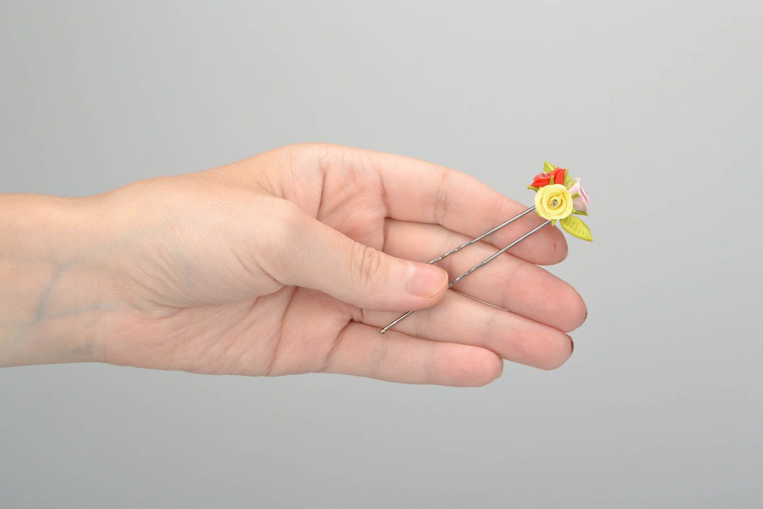 Pince à cheveux métallique avec fleurs faite main photo 2
