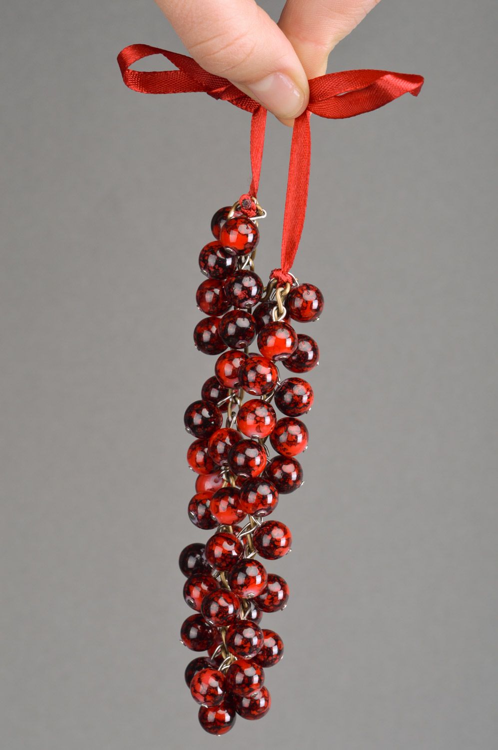 Handmade necklace woven of ceramic beads of saturated garnet color on ribbon photo 3