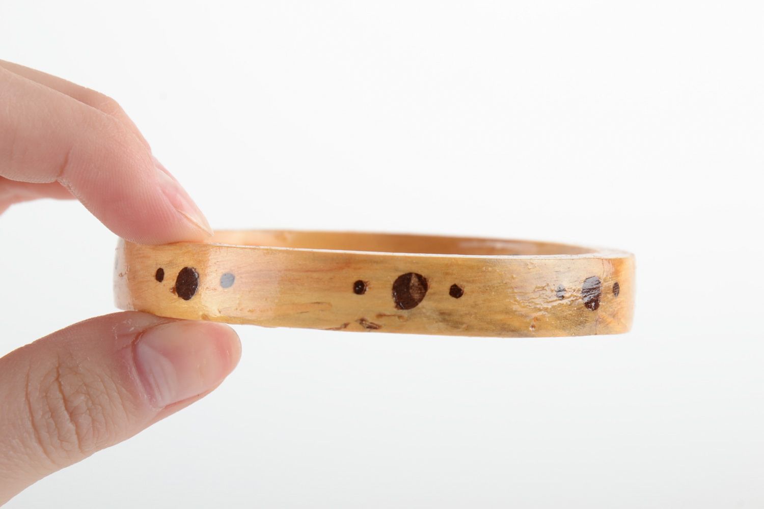 Tender light thin handmade wrist bracelet carved of wood with inlay for women photo 5