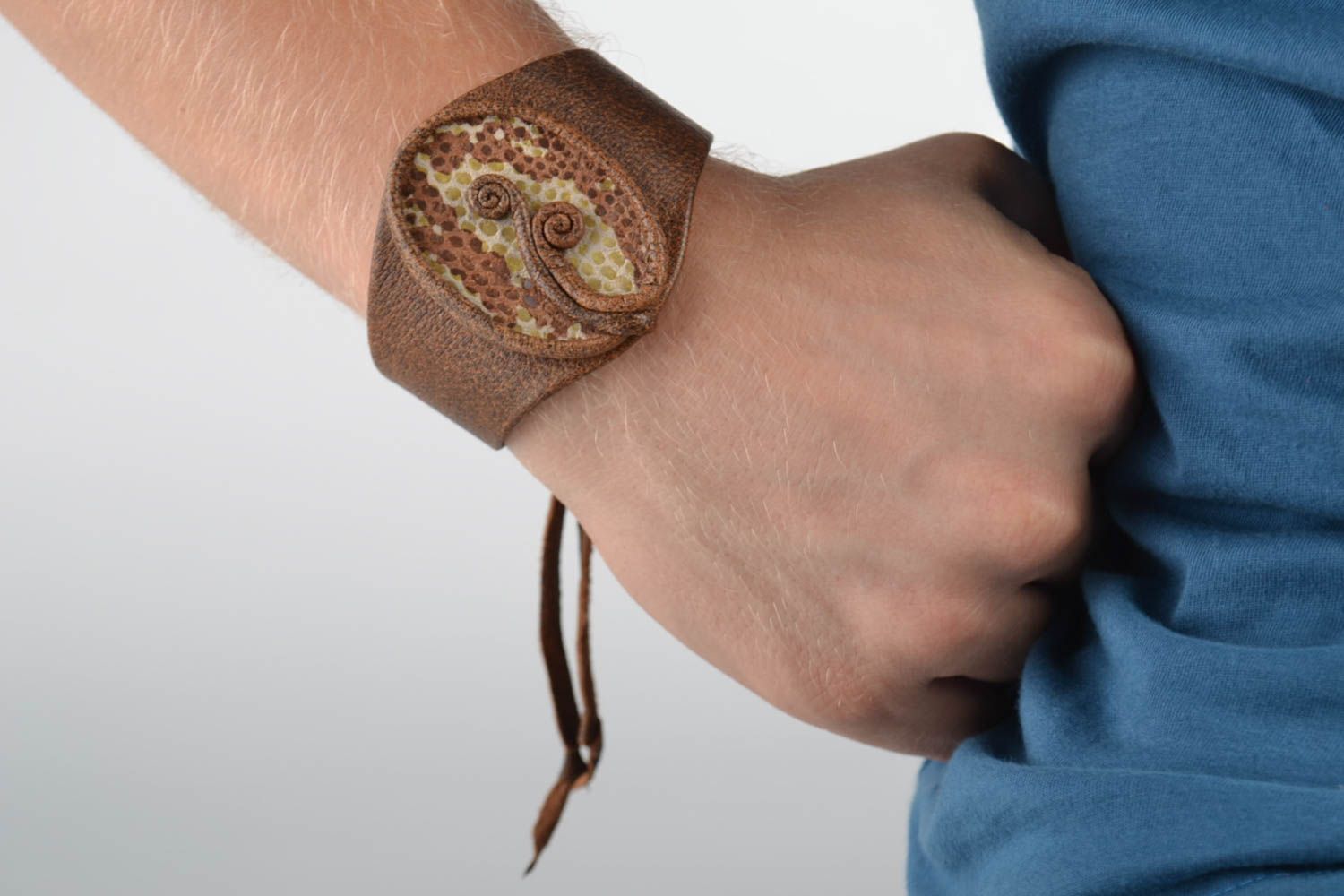 Designer unique genuine leather bracelet handmade textile bijouterie with stones photo 1