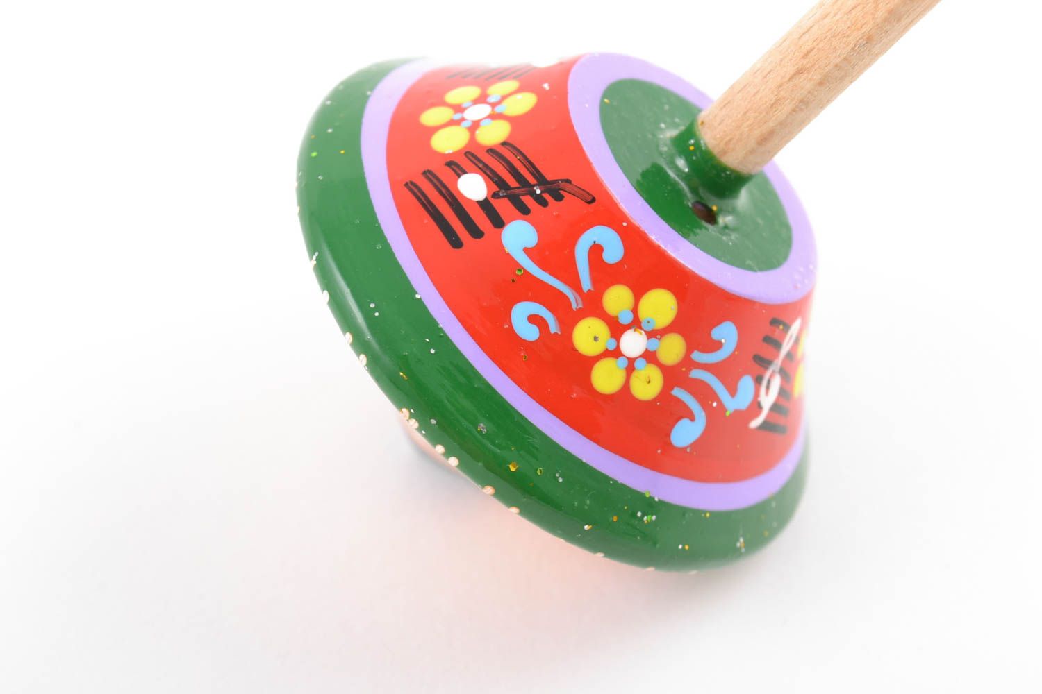 Green and red handmade educational wooden toy spin top with eco painting photo 5