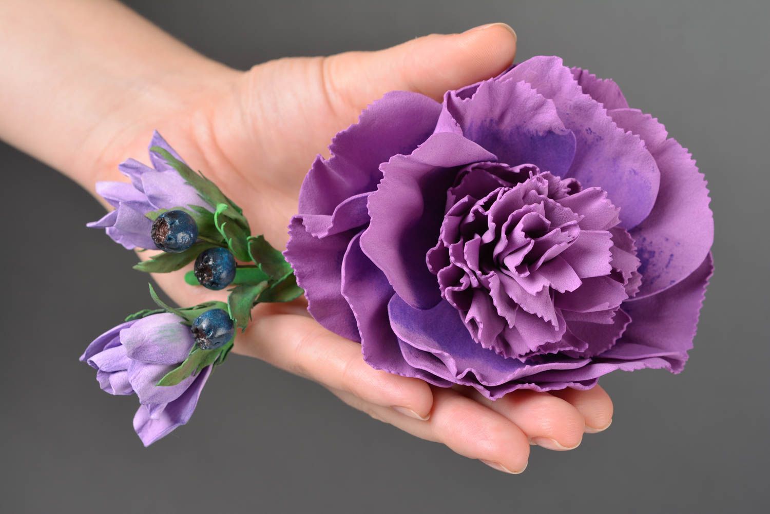 Beautiful hairpin made of foamiran lilac flower handmade designer accessory photo 2
