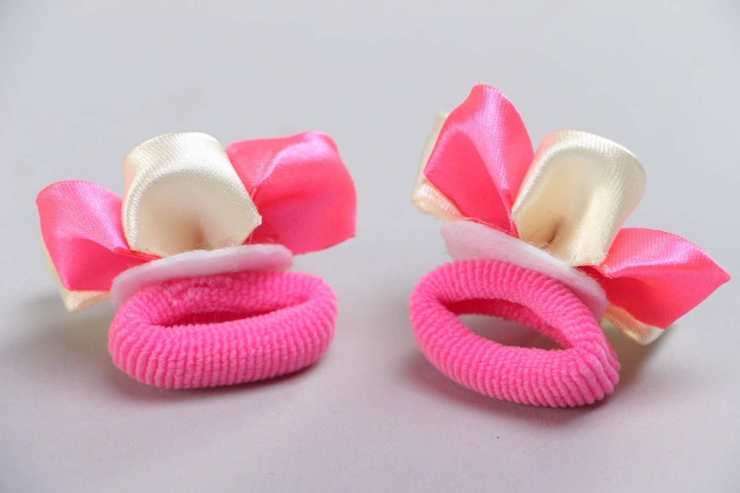 Handmade decorative hair ties with pink kanzashi flowers for kids set of 2 items photo 4