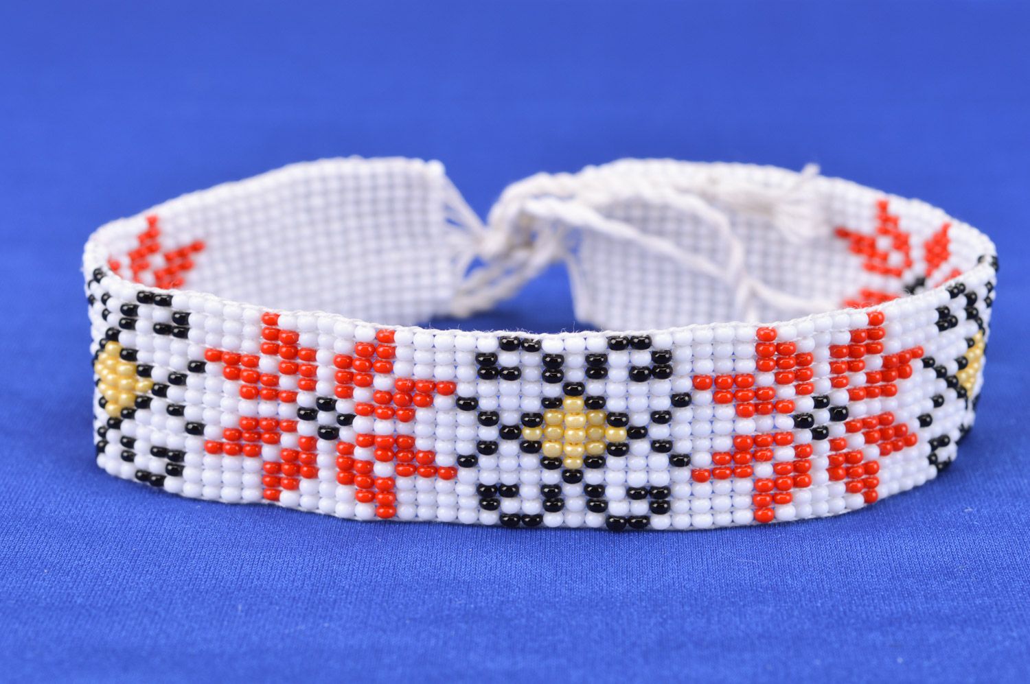 Beautiful women's handmade woven wide bead bracelet with ethnic ornament photo 2