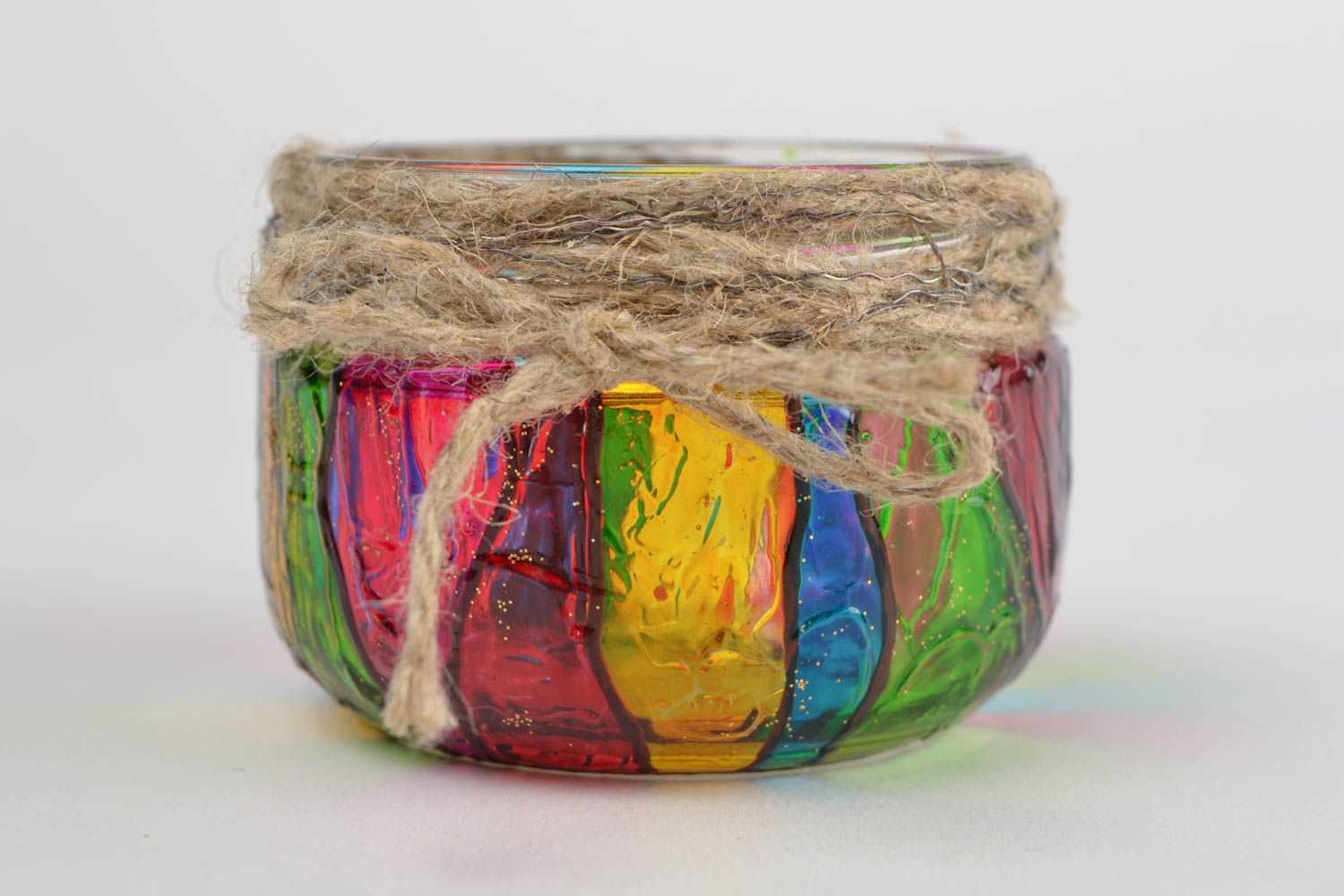 Разноцветный стеклянный подсвечник с росписью витражными красками ручнойработы фото 3