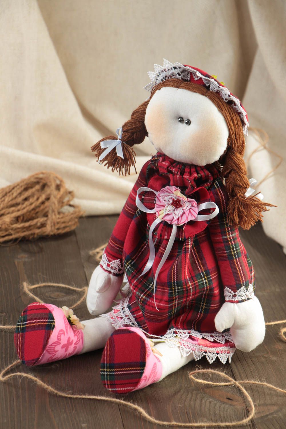 Beautiful handmade fabric soft doll girl with braids for children and decor photo 1