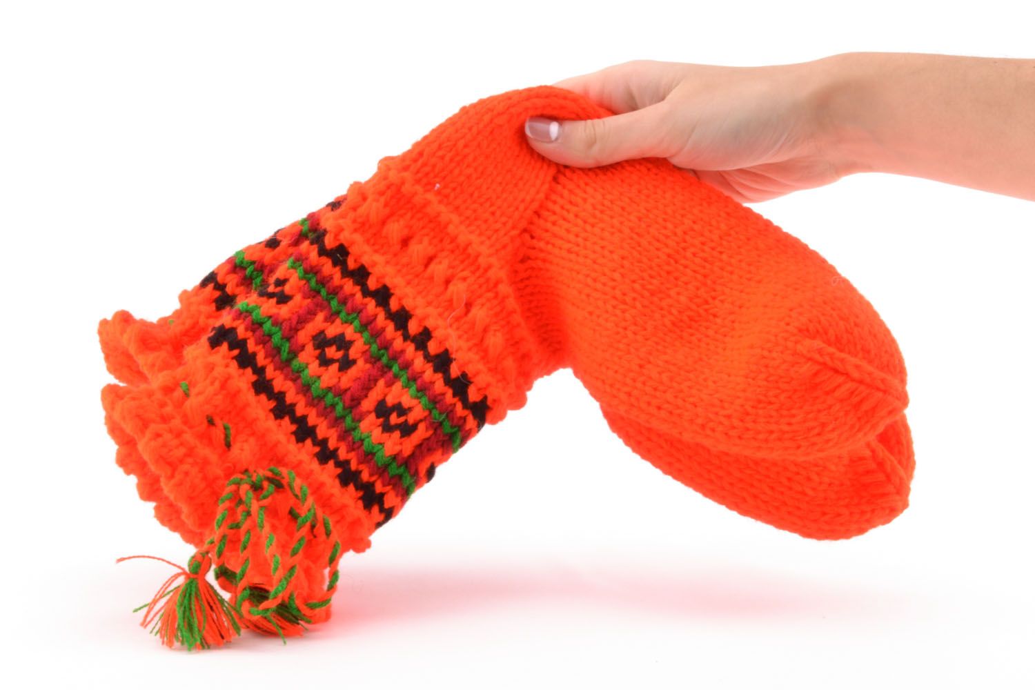 Chaussettes tricotées main en laine naturelle orange photo 2