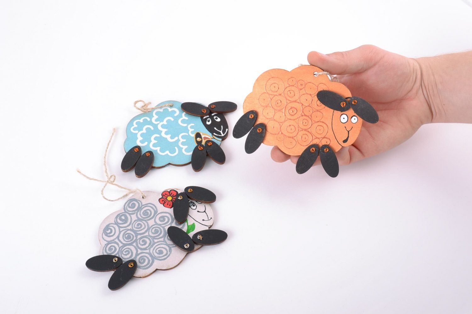 Set of 3 handmade colorful painted wooden interior decorations in a shape of lambs photo 5