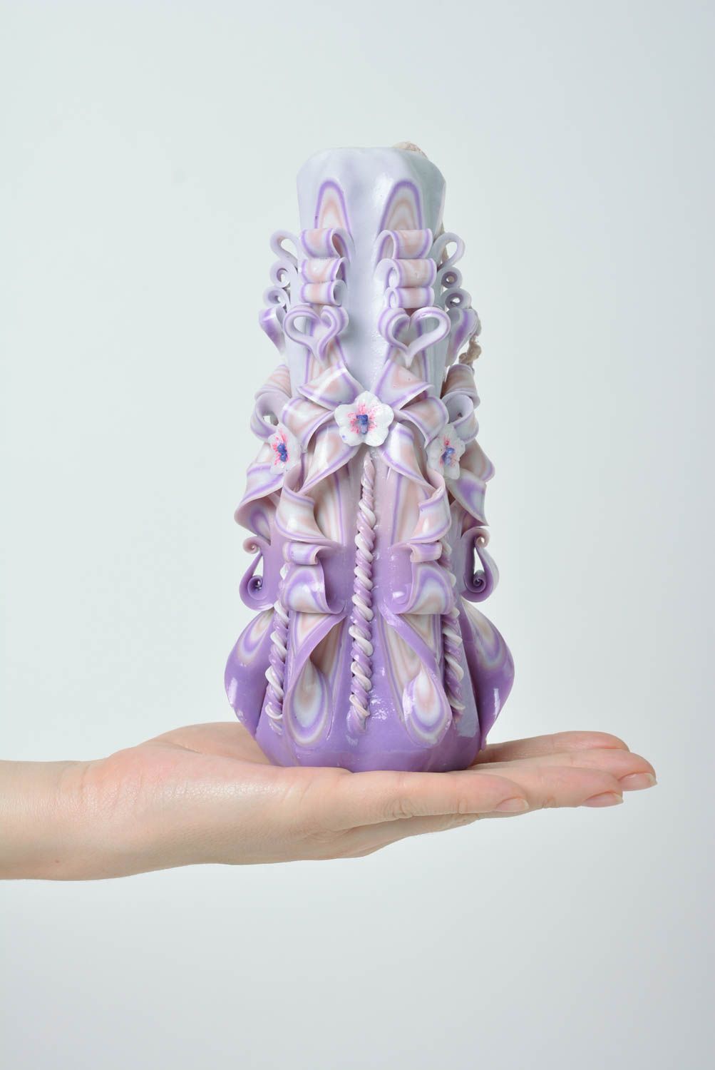 Unusual beautiful handmade carved paraffin candle of lilac color photo 4