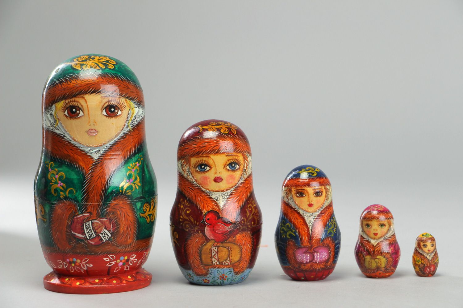 Handmade colorful painted wooden nesting doll matryoshka with five elements photo 2