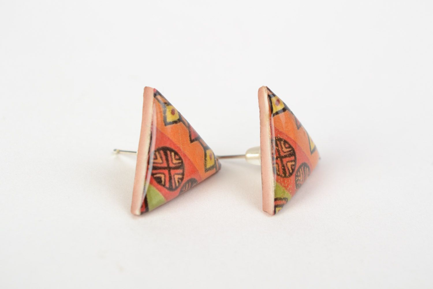 Bright jewelry glaze stud earrings with geometric patterns photo 3