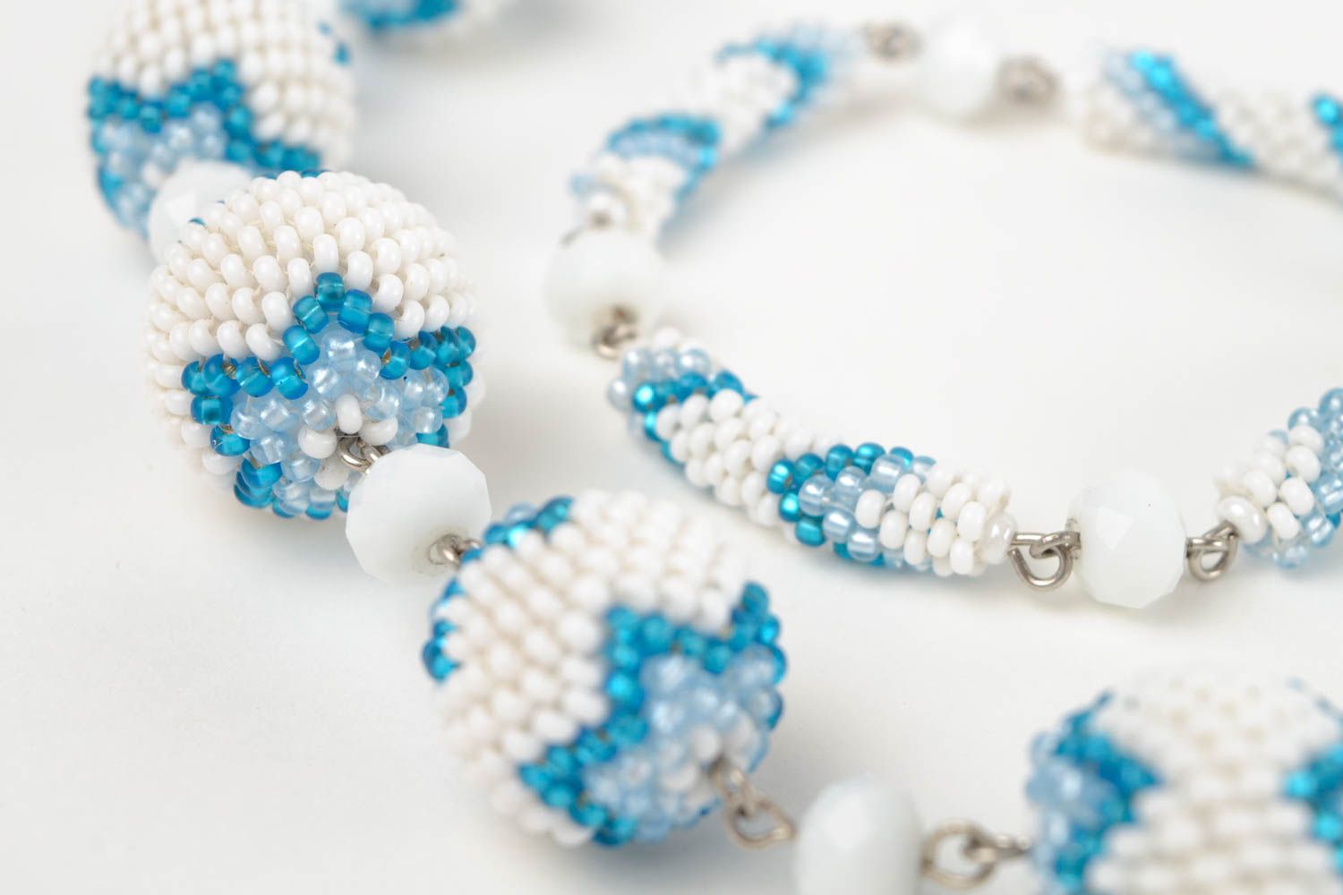 Bead set of necklace and chain bracelet in white and blue color. Great gift for girls photo 4