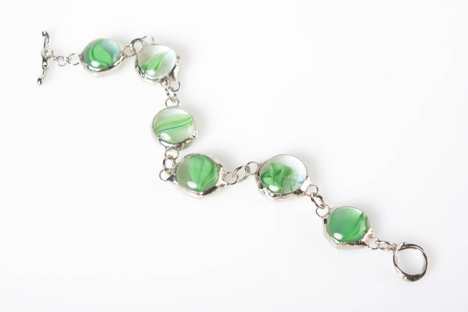 Designer green handmade unusual bracelet made of glass and metal photo 2