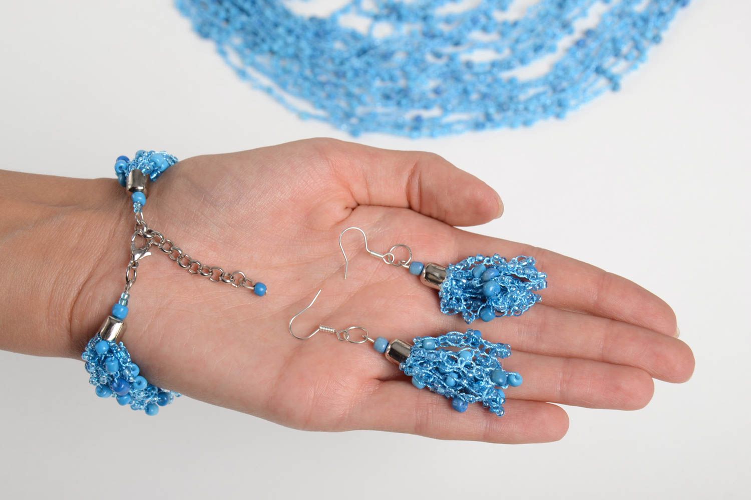 Handmade beaded necklace elegant blue earrings designer evening necklace photo 5