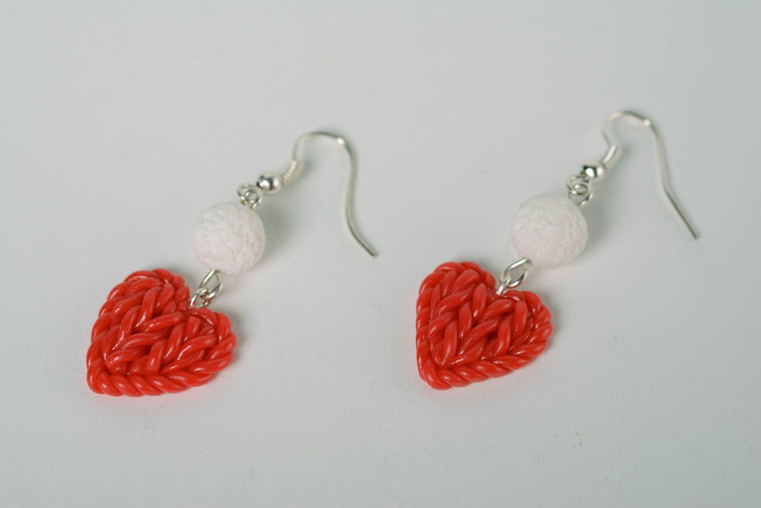 Beautiful bright red handmade designer polymer clay earrings in the shape of hearts photo 3