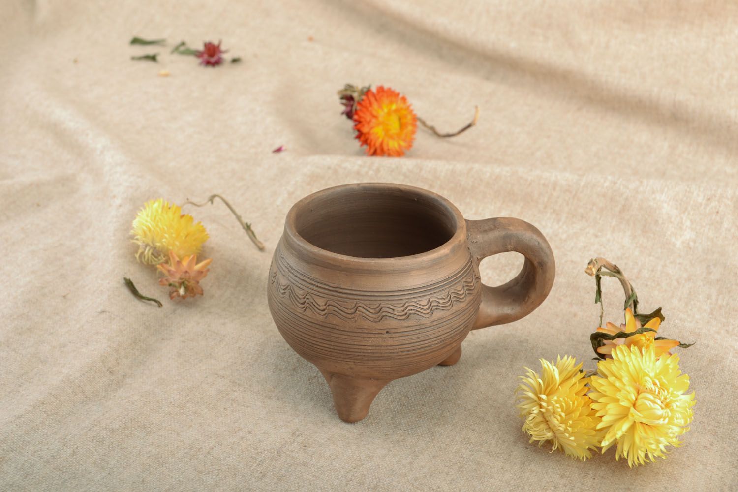 5 oz ceramic clay not glazed coffee cup with handle and 3 three legs and rustic pattern photo 5