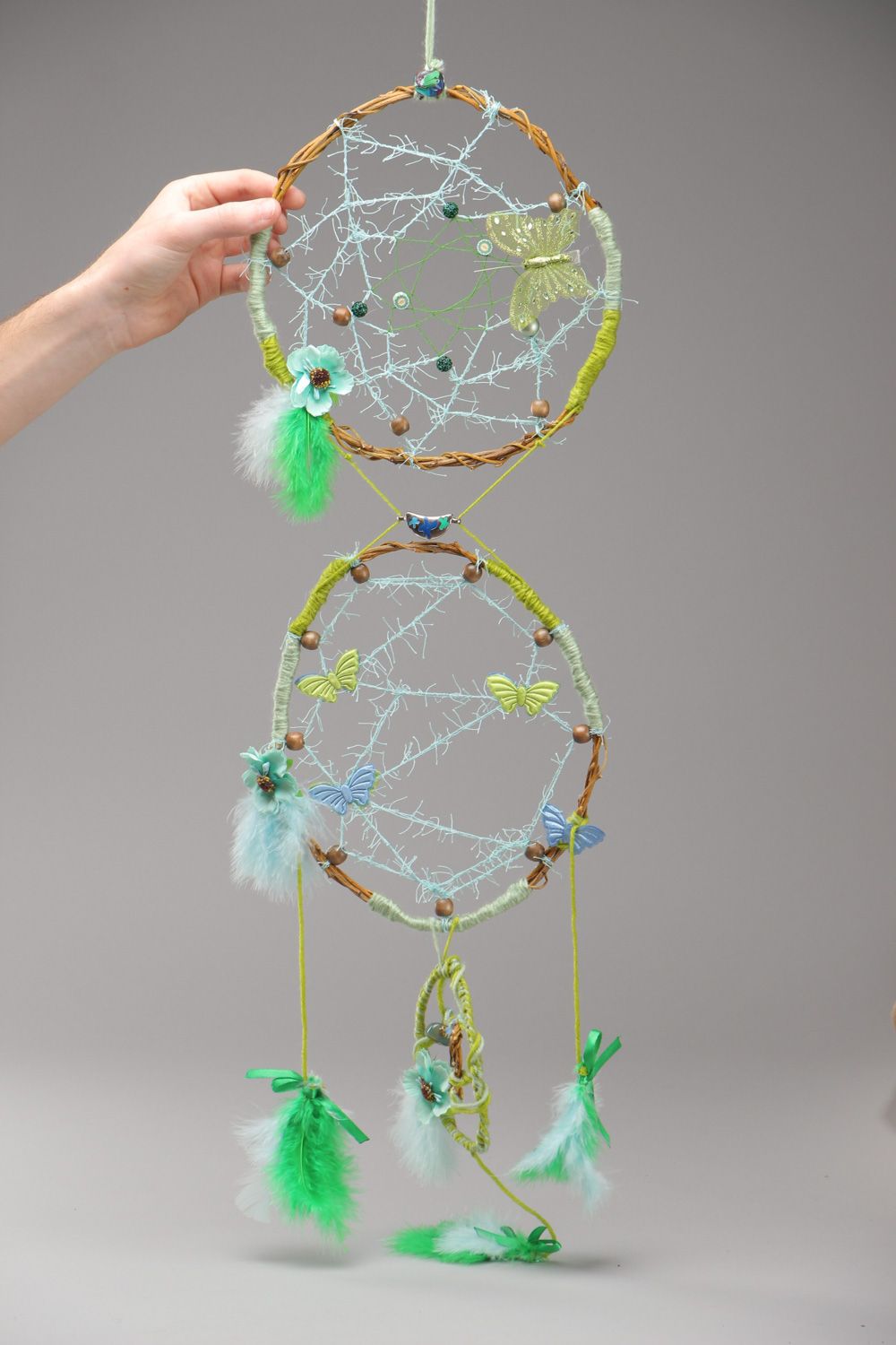 Light homemade double ring dreamcatcher wall hanging woven of willow Spring Mint photo 5