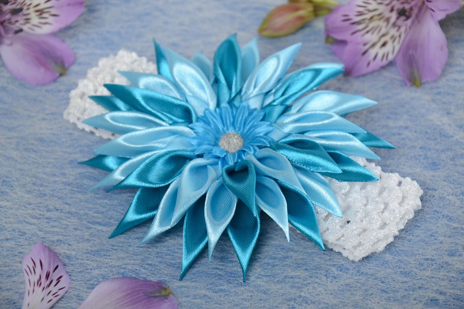 Children's white handmade elastic headband with blue satin flower photo 1