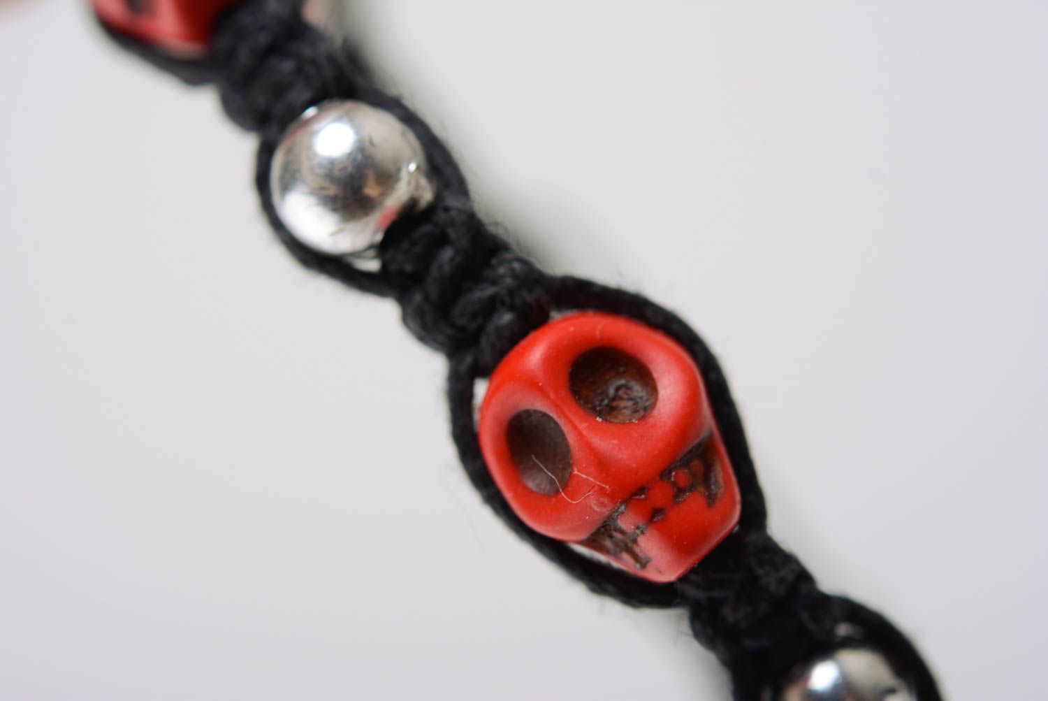 Handmade unusual women's woven cord bracelet with beads and skulls designer photo 4