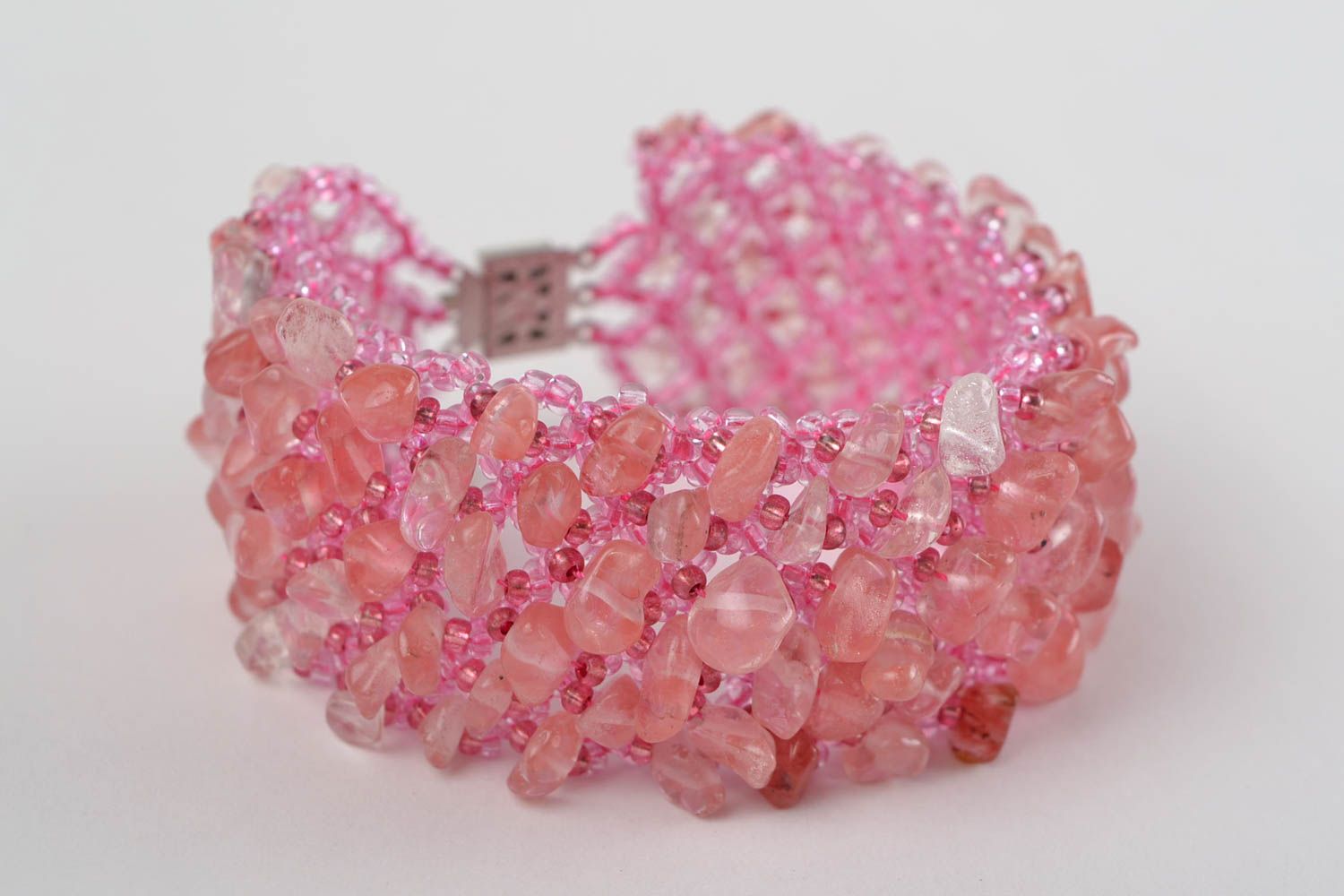 Beautiful homemade designer wide pink beaded bracelet with natural stones photo 4