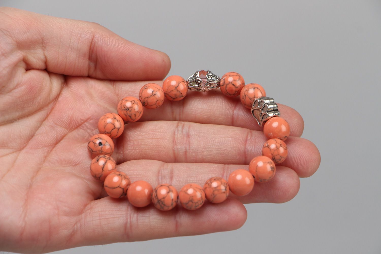 Bright designer handmade stretch wrist bracelet with coral and glass beads photo 3