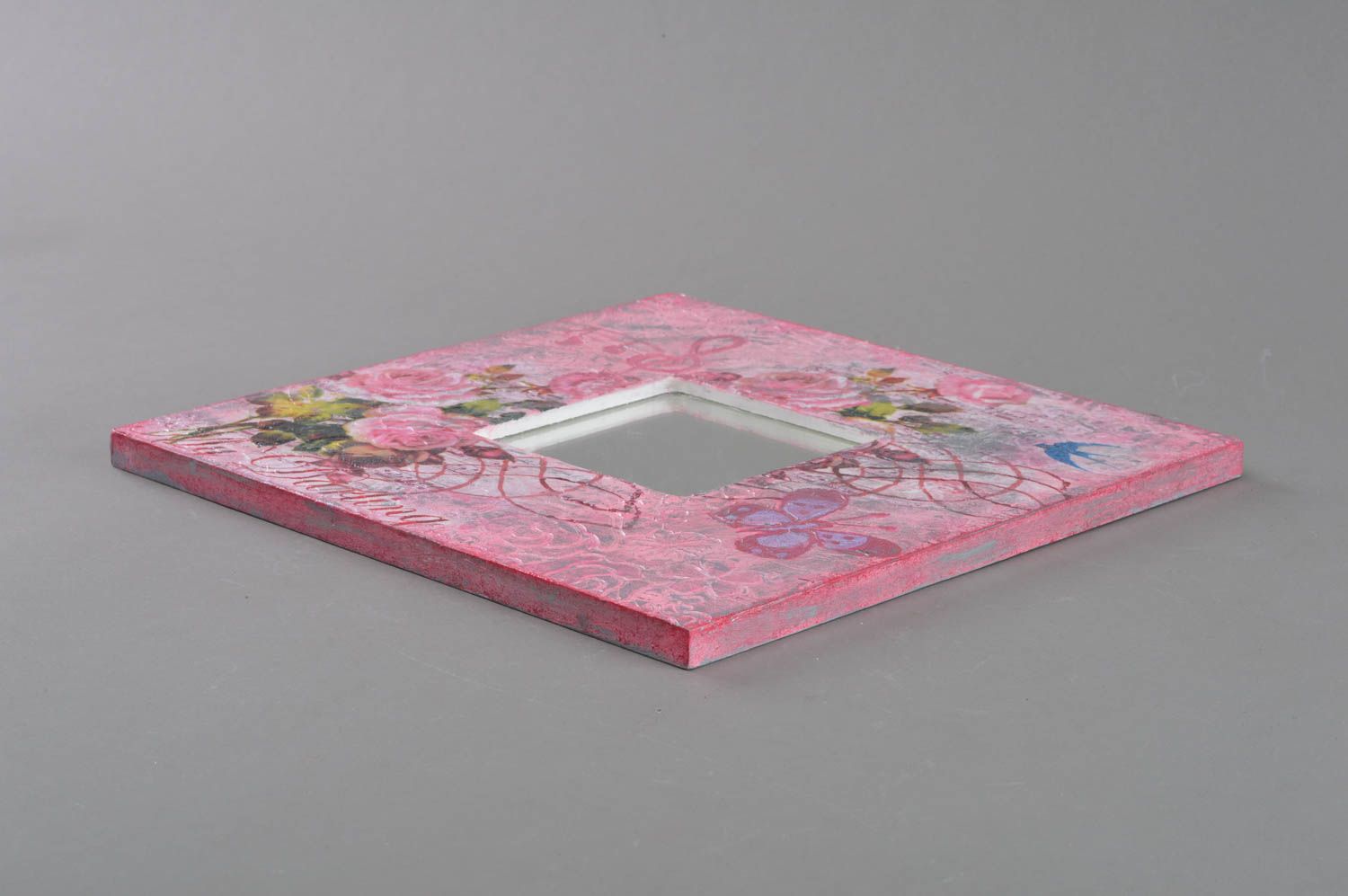 Miroir carré serviettage fait main original dans un cadre en bois rose photo 2