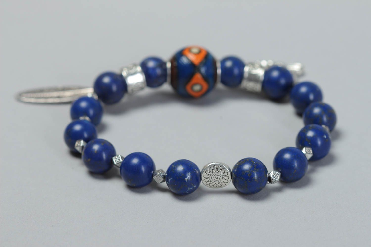 Blue natural stone beads bracelet with owl charms for women photo 4