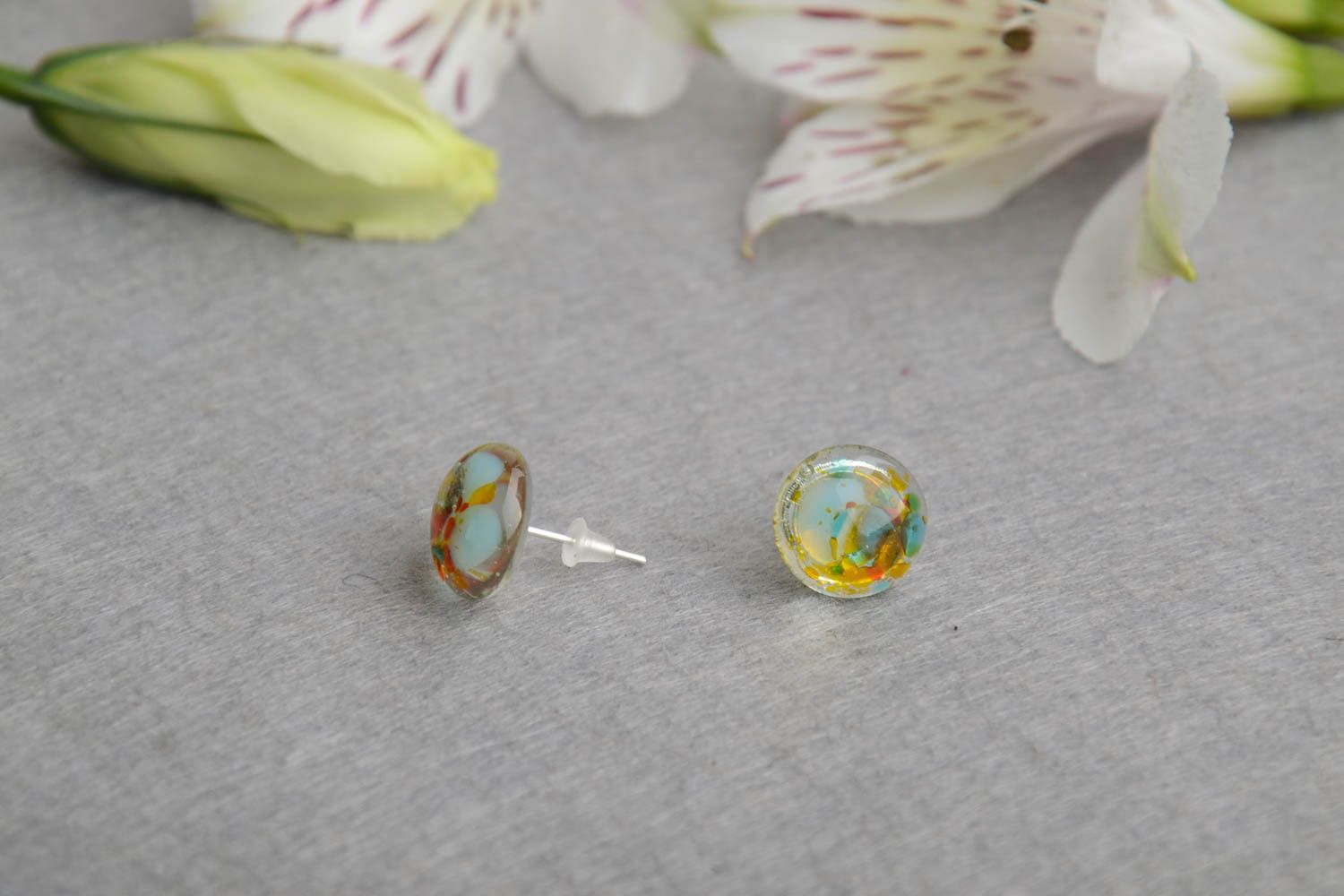 Beautiful stylish earrings made of fusing glass in marine style hand made  photo 1