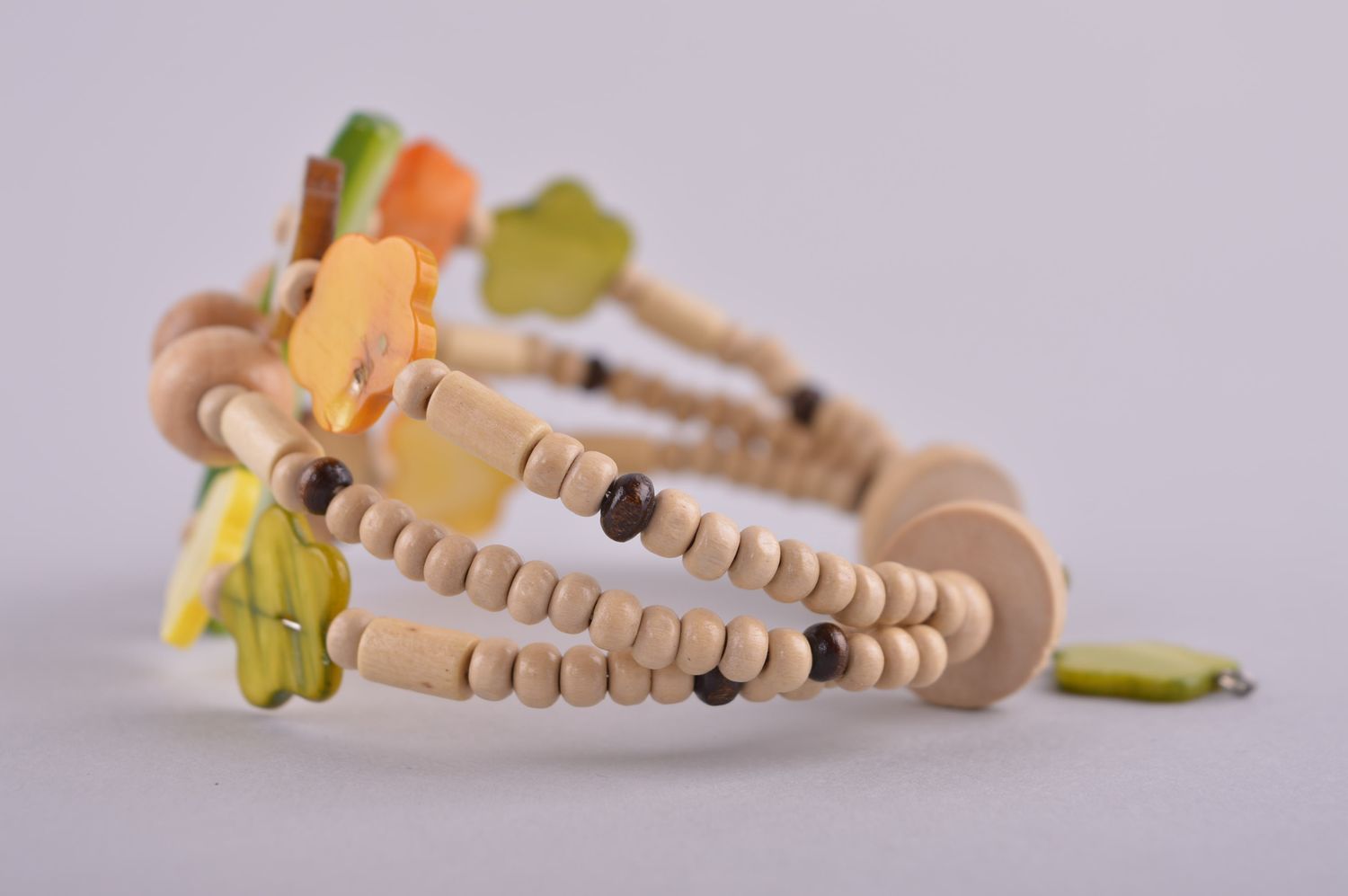 Homemade wooden beads three-row wrist bracelet for women photo 3